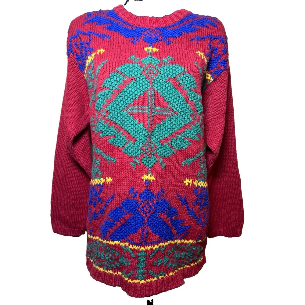 Vintage 80s Russ Sport Sweater Women L Red Floral Geometric Ramie Cotton